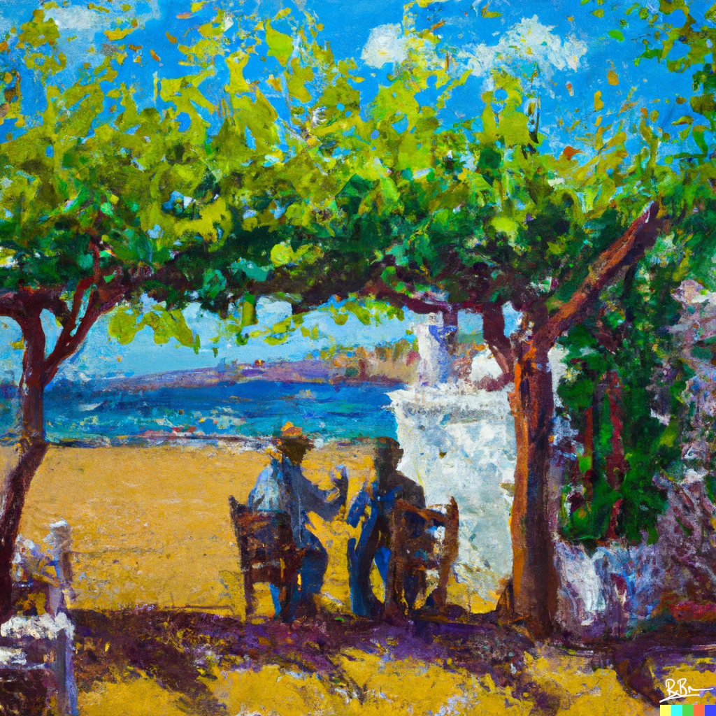 Herne and Leviathan in the shade of grape vines outside a Greek restaurant on a beach with golden sand and clear blue water.